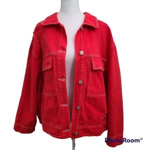 Bershka Red Distressed Denim Jacket